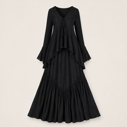 Navy Two Piece Maxi Skirt Set | Boho Asymmetric Top & Tiered Skirt - Long Sleeve Outfit Black