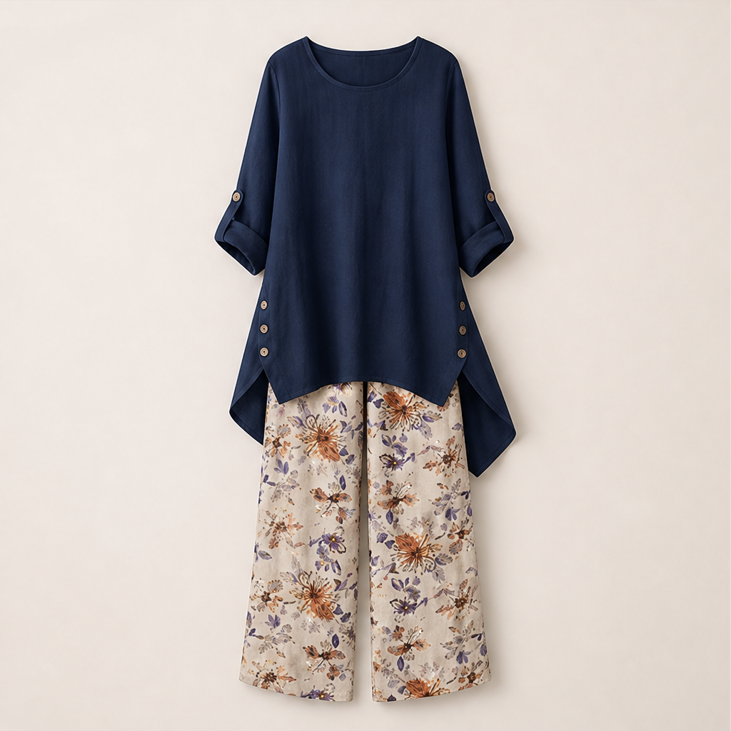 Black Two-Piece Trouser Set | Cotton Linen Asymmetric Hem Top with Floral Wide-Leg Pants Navy