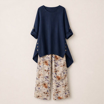 Black Two-Piece Trouser Set | Cotton Linen Asymmetric Hem Top with Floral Wide-Leg Pants Navy