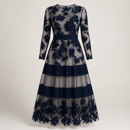 Black Lace Midi Dress | Elegant A-Line Wedding Guest Dress - Sheer Mesh Occasion Wear Navy
