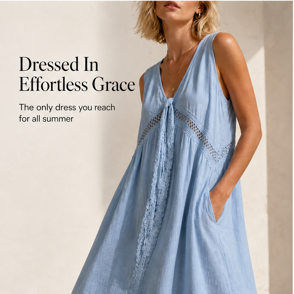 Marisol Women's V-Neck Tie-Front Lace Trim Midi Dress with Hidden Side Pockets - Sleeveless A-Line Summer Dress features