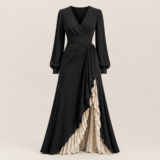 Brown Wrap V-Neck Maxi Dress | Lantern Sleeve Formal Gown - Ruffle Slit Two-Layer Skirt Black