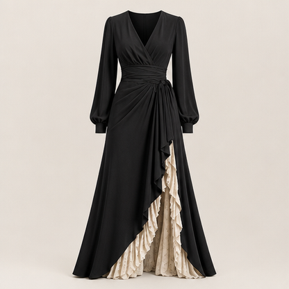 Brown Wrap V-Neck Maxi Dress | Lantern Sleeve Formal Gown - Ruffle Slit Two-Layer Skirt Black