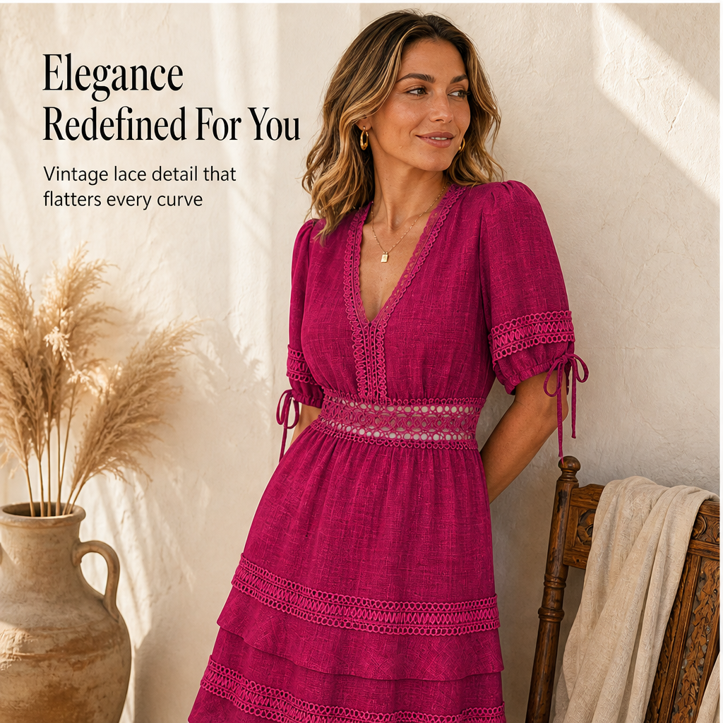 Marisol Women's V-Neck Lace Trim Puff Sleeve Tiered Ruffle Linen-Look Dress features