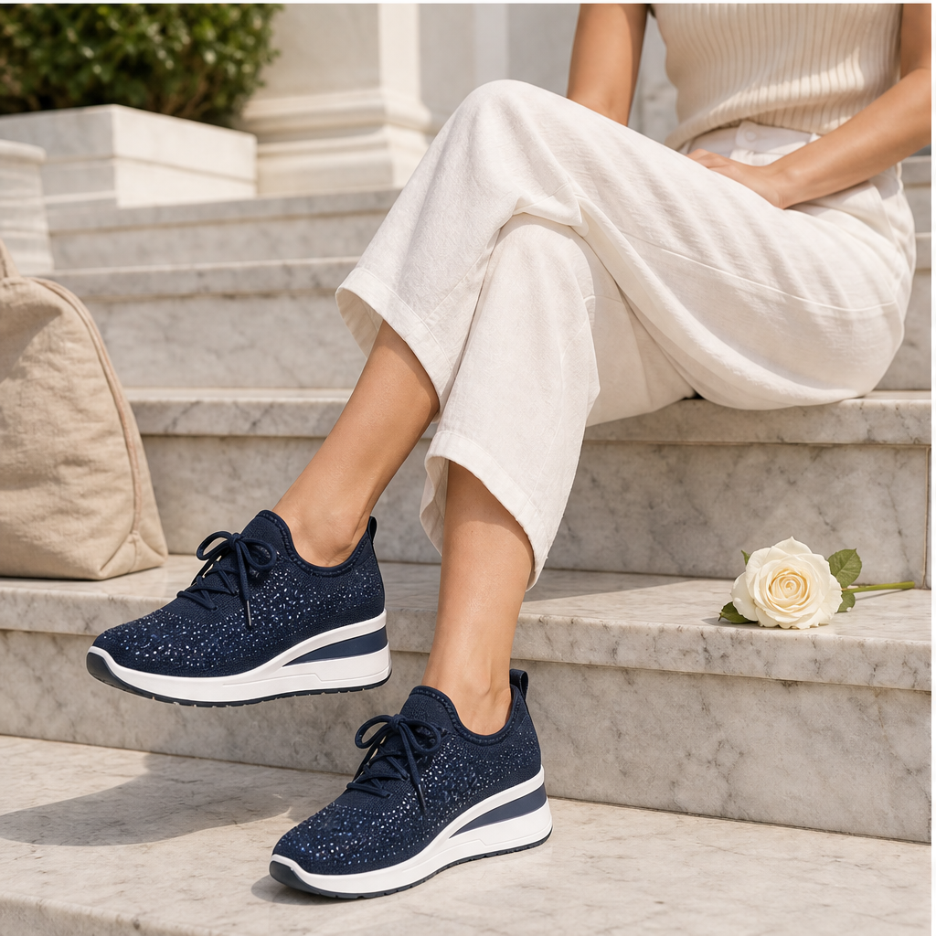 Navy Rhinestone Mesh Sneakers | Wedge Trainers with Sparkle - Breathable Lace-Up Shoes features