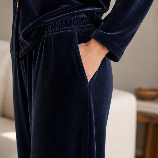 Black Velvet Loungeset | Two-Piece Shirt & Wide Leg Trouser Set for Women detail