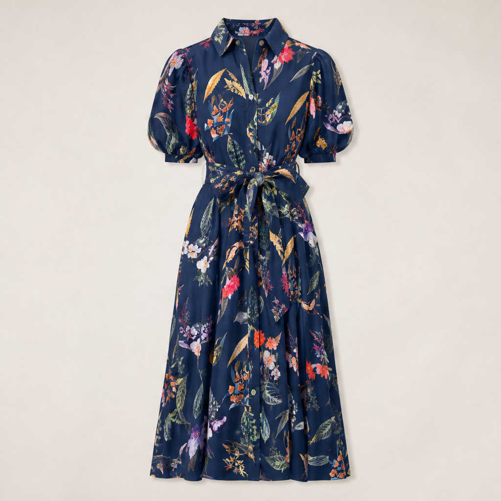 Pink Floral Belted Midi Shirt Dress | Puff Sleeve Botanical Print - Collared Tea Dress with Tie Waist Navy Floral