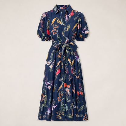 Pink Floral Belted Midi Shirt Dress | Puff Sleeve Botanical Print - Collared Tea Dress with Tie Waist Navy Floral