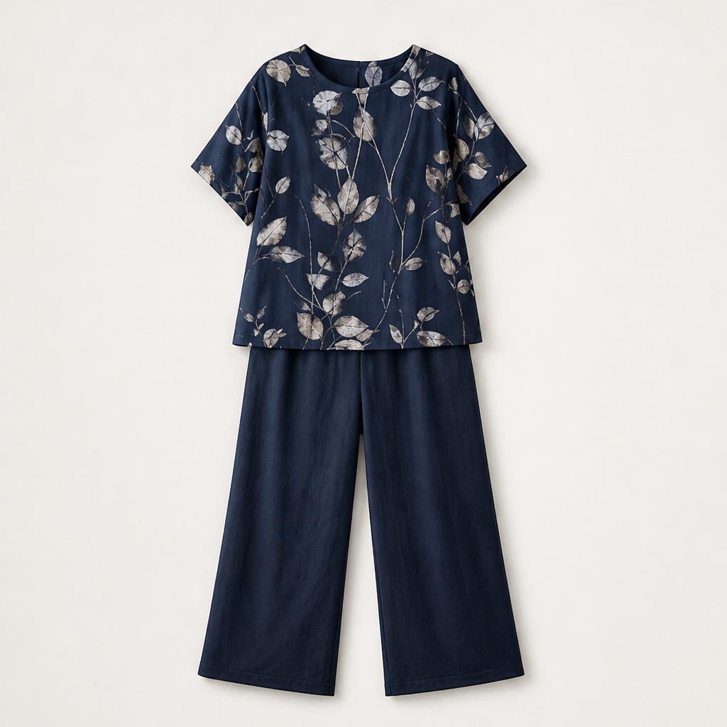 Lior Women's Botanical Print Top & Relaxed Fit Trousers Set - Elegant Two-Piece Loungewear Co-ord Navy