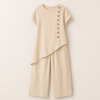 Rust Asymmetric Hem Top & Trouser Set | Women's Two-Piece Wide-Leg Outfit - Button Detail Beige