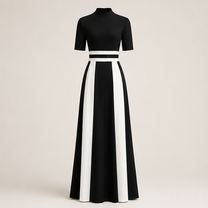 Black White Striped Maxi Dress | Mock Neck Formal Gown - Short Sleeve Colour Block Evening Dress Black/White