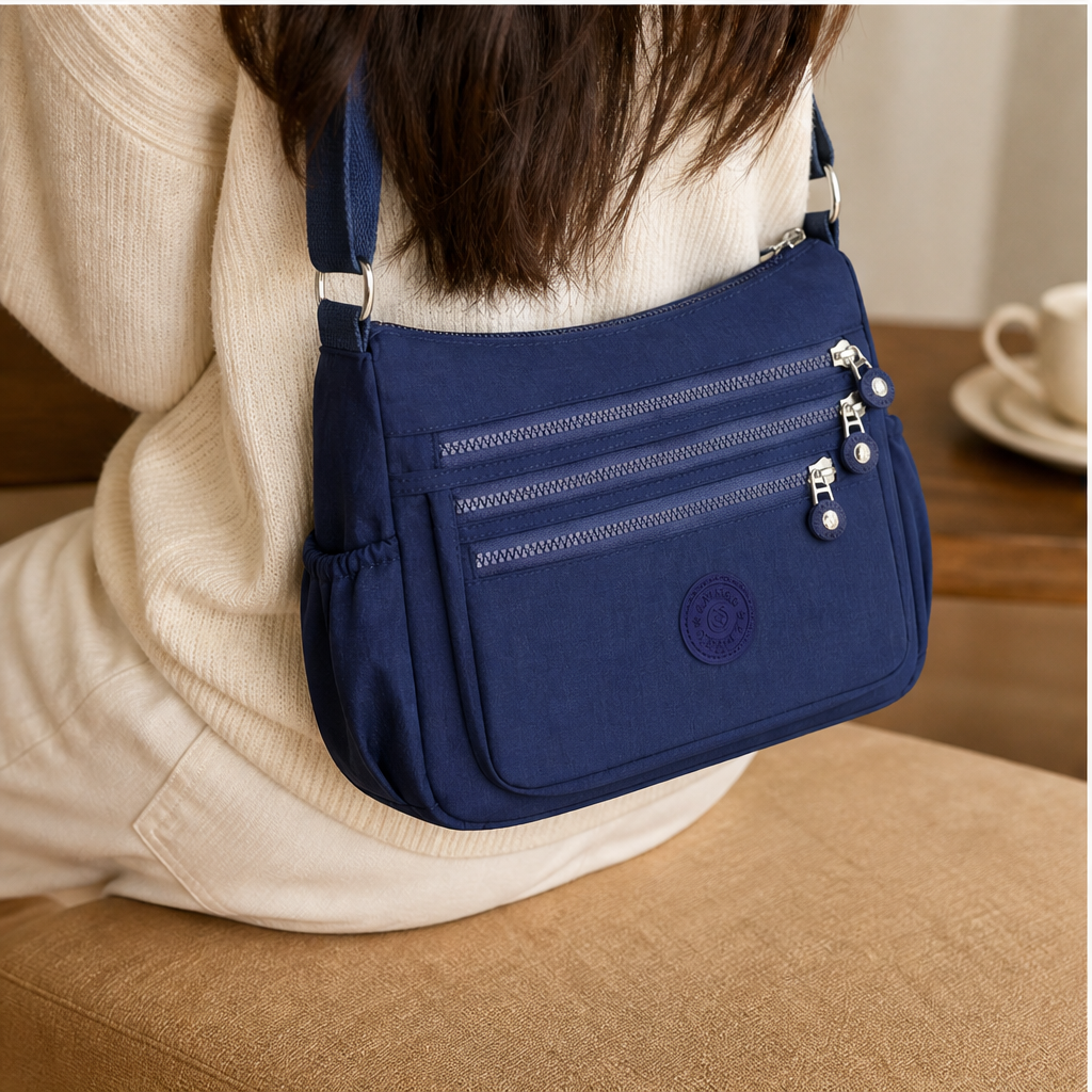 Navy Nylon Crossbody Bag | Lightweight Multi-Pocket Shoulder Bag for Women - Water-Resistant features