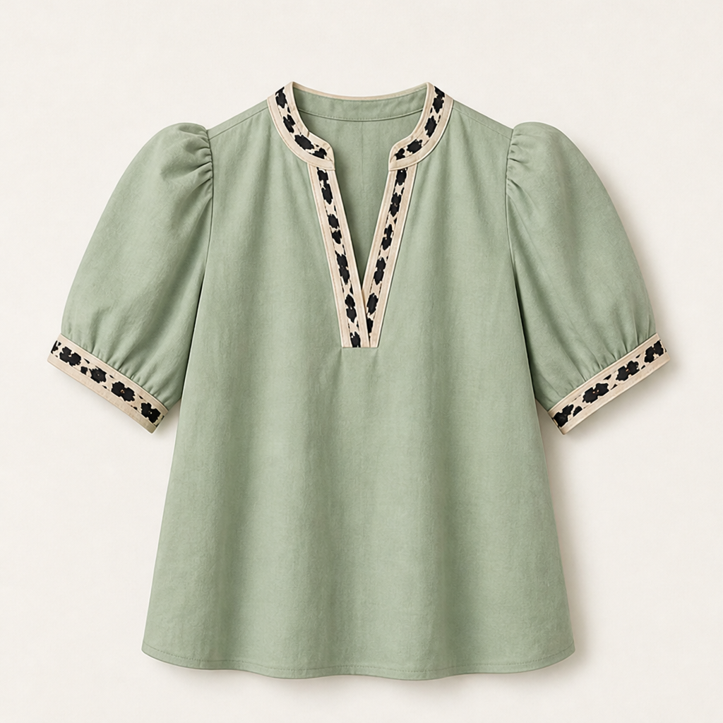 Marisol Women's Puff Sleeve Leopard Contrast Split Neckline Blouse Top Sage Green