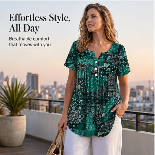 Black Paisley Print V-Neck Top | Casual Short Sleeve Blouse for Women - Relaxed Fit Henley Tunic features