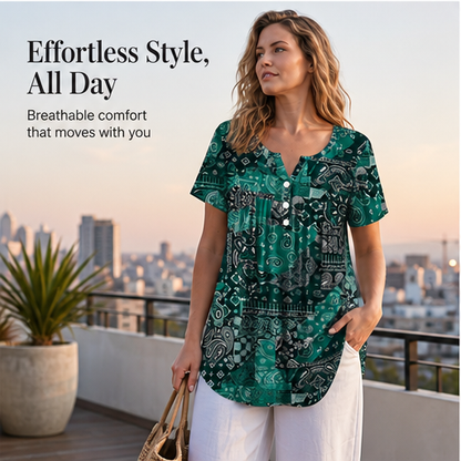 Black Paisley Print V-Neck Top | Casual Short Sleeve Blouse for Women - Relaxed Fit Henley Tunic features