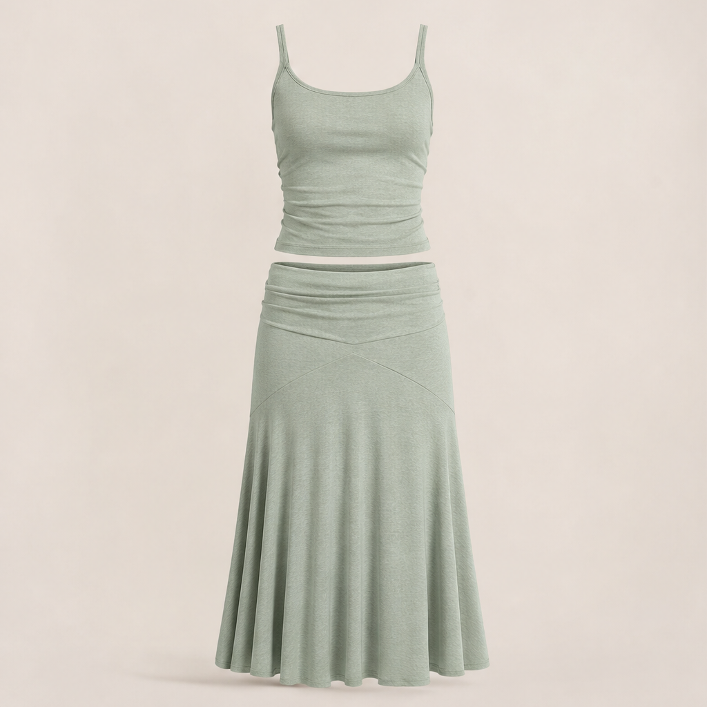 Grey Cami & Flared Midi Skirt Set | Two-Piece Matching Set - Ribbed Cami Top with Flowy Skirt Sage