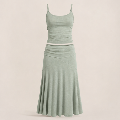 Grey Cami & Flared Midi Skirt Set | Two-Piece Matching Set - Ribbed Cami Top with Flowy Skirt Sage