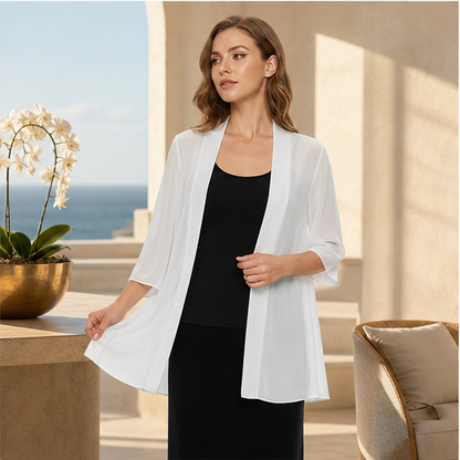 Black Chiffon Cover-Up | Lightweight Open-Front Cardigan - 3/4 Sleeve Layering Jacket features