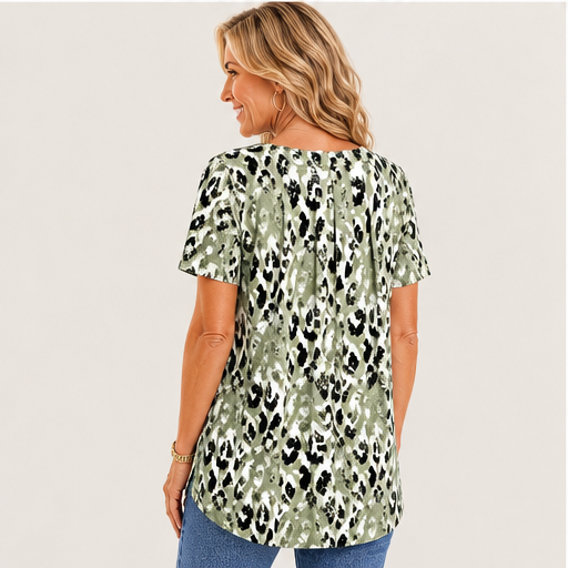 Sage Green Printed Top | Casual Leopard Print Short Sleeve Blouse - Round Neck Pleated Tunic detail