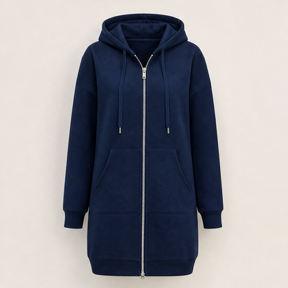 Black Longline Zip-Up Hoodie | Fleece-Lined Long Hooded Sweatshirt for Women - with Pockets Navy