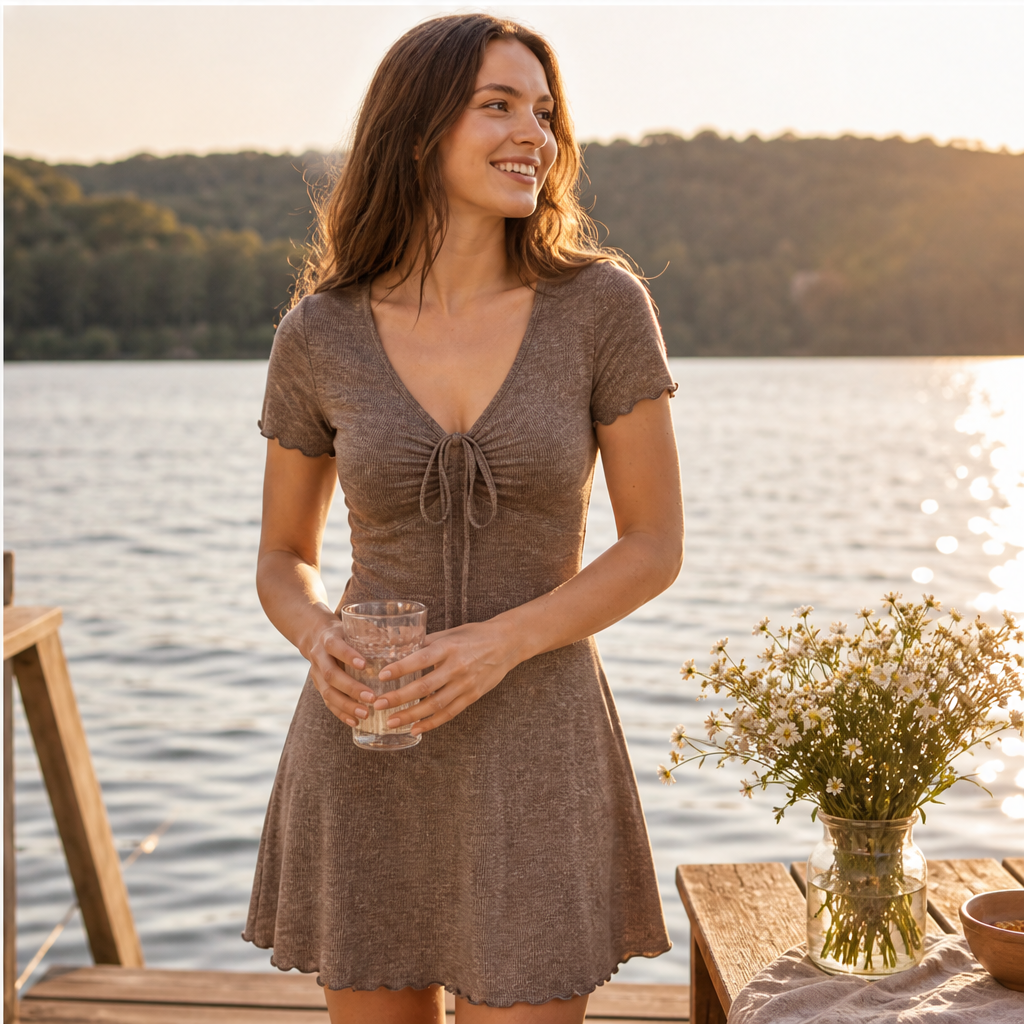 Taupe V-Neck Mini Dress | Cinch-Tie Front Fit-and-Flare - Short Sleeve Bodycon Style features