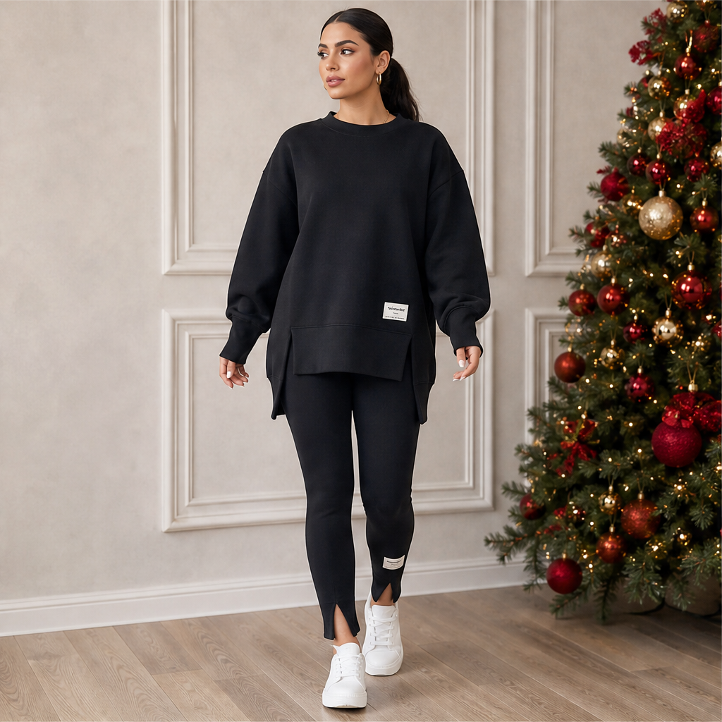 Black Sweatshirt Leggings Set | Oversized Casual Two-Piece Loungewear - Split Hem features