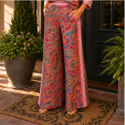 Pink Paisley Two-Piece Set | Contrast-Stripe Wide-Leg Trouser & Top - Women's Matching Set features