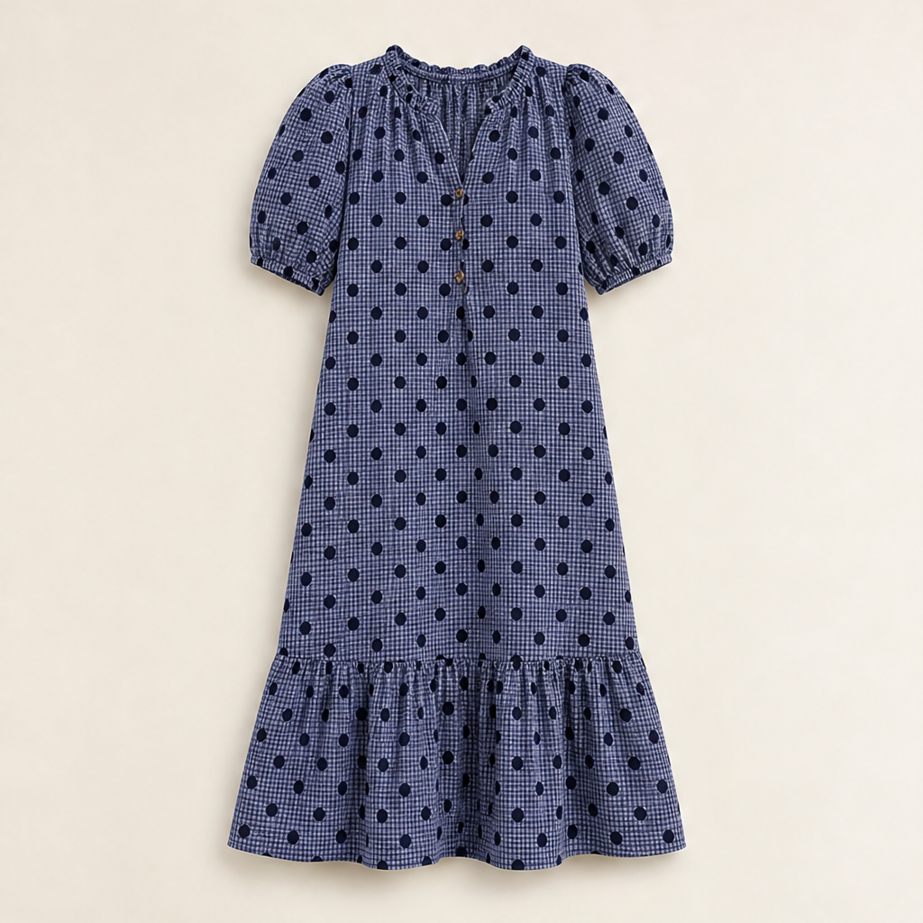 Pink Polka Dot Midi Dress | Puff Sleeve Gingham Tiered Dress - V-Neck Button Front Navy