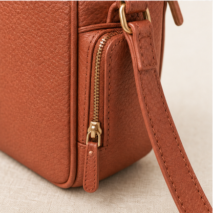 Terracotta Crossbody Leather Bag | Women's Shoulder Bag with Adjustable Strap - Multi-Pocket Design detail