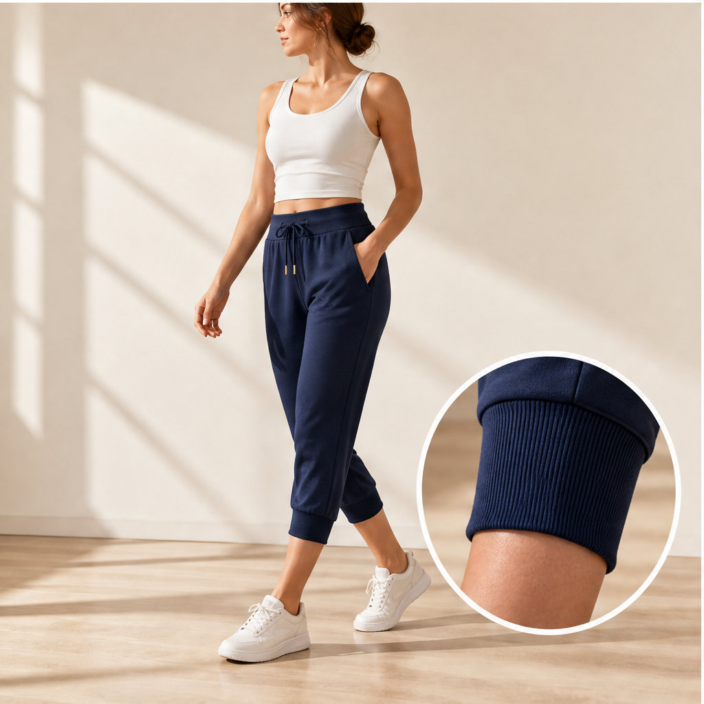 Navy Cropped Jogging Pants | Capri-Length Joggers with Pockets - Elastic Cuffs & Drawstring Waist features