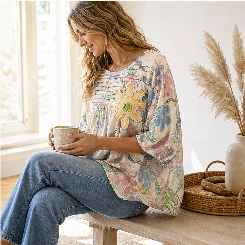 Ivory Floral Print Blouse | Pleated Applique Puff Sleeve Top - Loose Fit Cotton Blend features