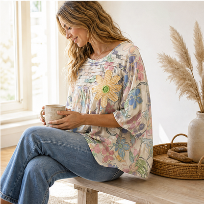 Ivory Floral Print Blouse | Pleated Applique Puff Sleeve Top - Loose Fit Cotton Blend features