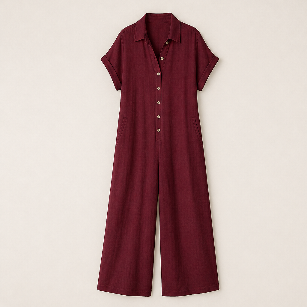Marielle Women's Casual Wide-Leg Button-Front Linen-Look Jumpsuit - Short Sleeve Collared Loose Fit Jumpsuit Burgundy