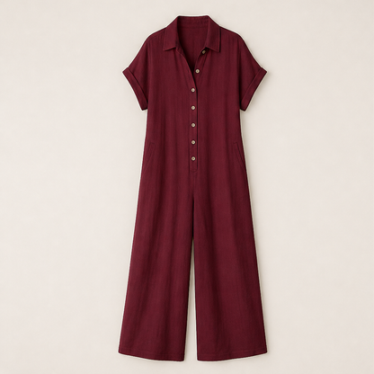 Marielle Women's Casual Wide-Leg Button-Front Linen-Look Jumpsuit - Short Sleeve Collared Loose Fit Jumpsuit Burgundy