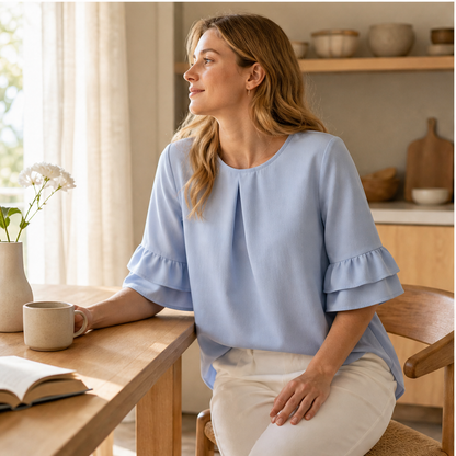 Light Blue Ruffle Sleeve Blouse | Tiered Bell Sleeve Top for Women - Round Neck with Front Pleat features