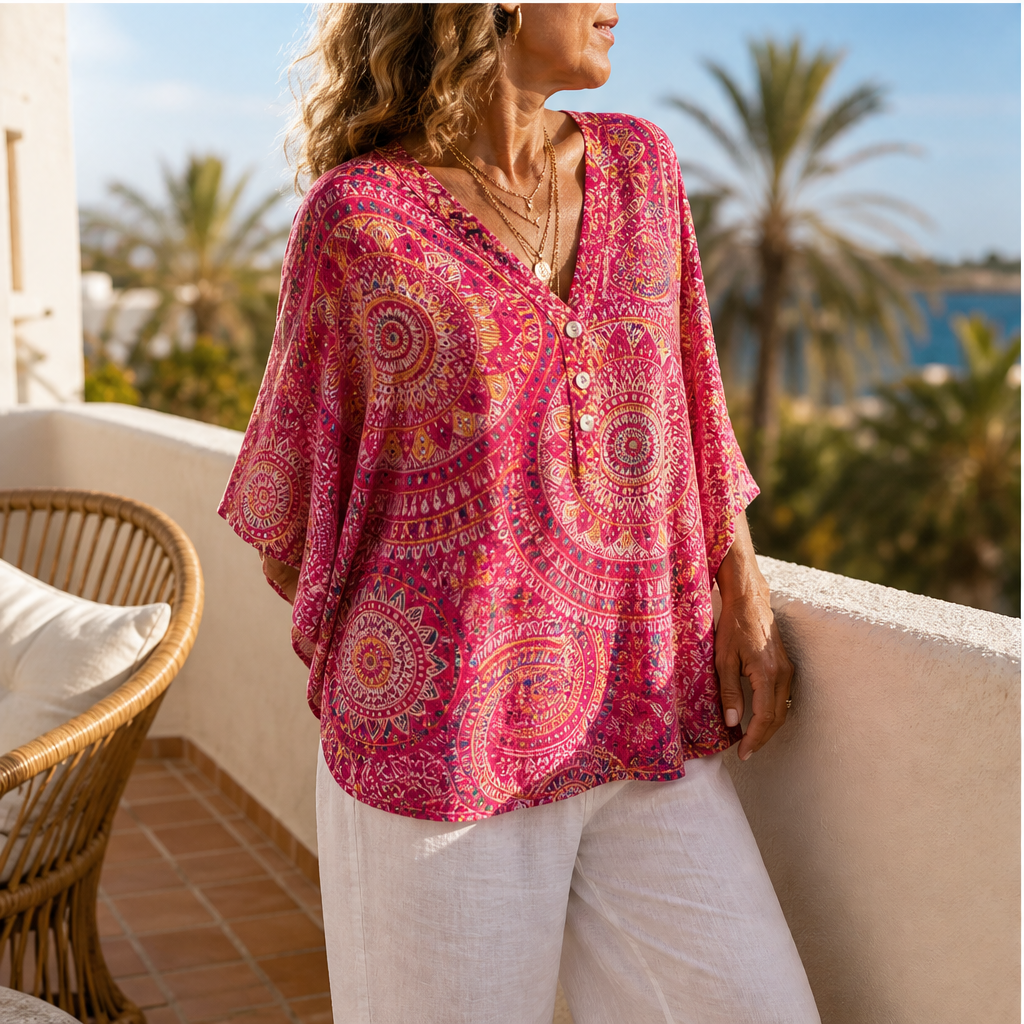 Fuchsia Floral Print Dolman Top | V-Neck Boho Blouse for Women - Batwing Sleeve features