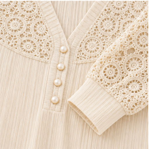 Ivory Lace Patchwork Top | Crochet V-Neck Long Sleeve Blouse - Pearl Button Detail detail