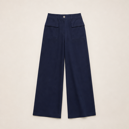 Marlow Women's Wide Leg Cotton Linen Trousers - High-Waisted Flowing Casual Trousers Navy