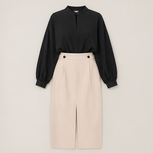Pink Stand Collar Shirt & Midi Skirt Set | Two-Piece Suit - High-Waisted Skirt with Front Slit Black