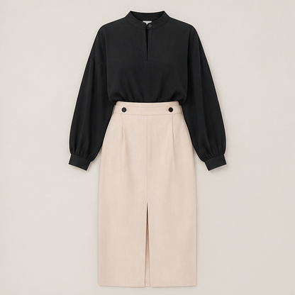 Pink Stand Collar Shirt & Midi Skirt Set | Two-Piece Suit - High-Waisted Skirt with Front Slit Black