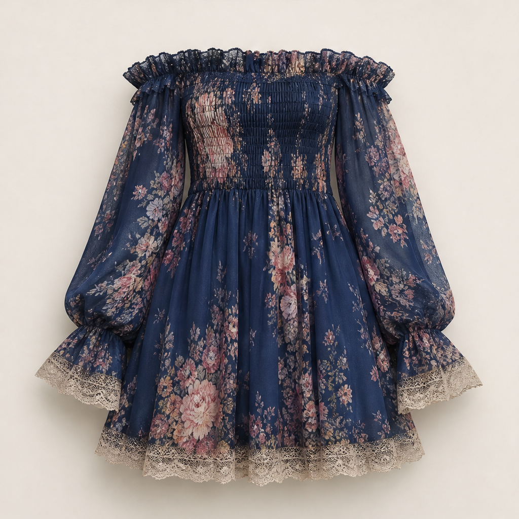 Rosalind Women's Off-Shoulder Floral Chiffon Mini Dress with Ruched Bodice - Lace Trim Boho Smocked Sundress Navy Floral