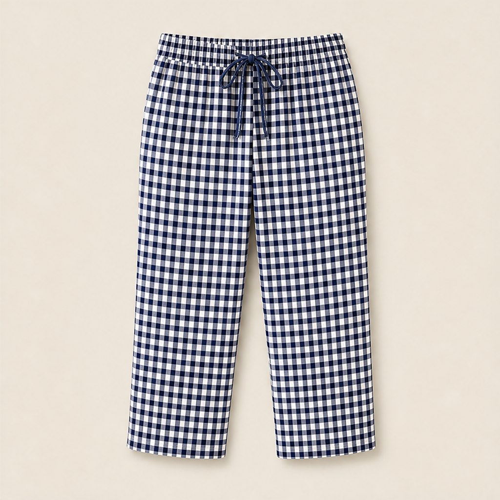 Gingley Women's Cotton-Linen Gingham Capri Pants with Pockets - Drawstring Elastic Waist Summer Trousers Navy Gingham