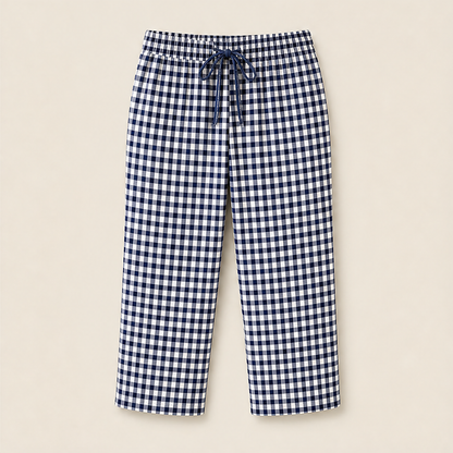 Gingley Women's Cotton-Linen Gingham Capri Pants with Pockets - Drawstring Elastic Waist Summer Trousers Navy Gingham