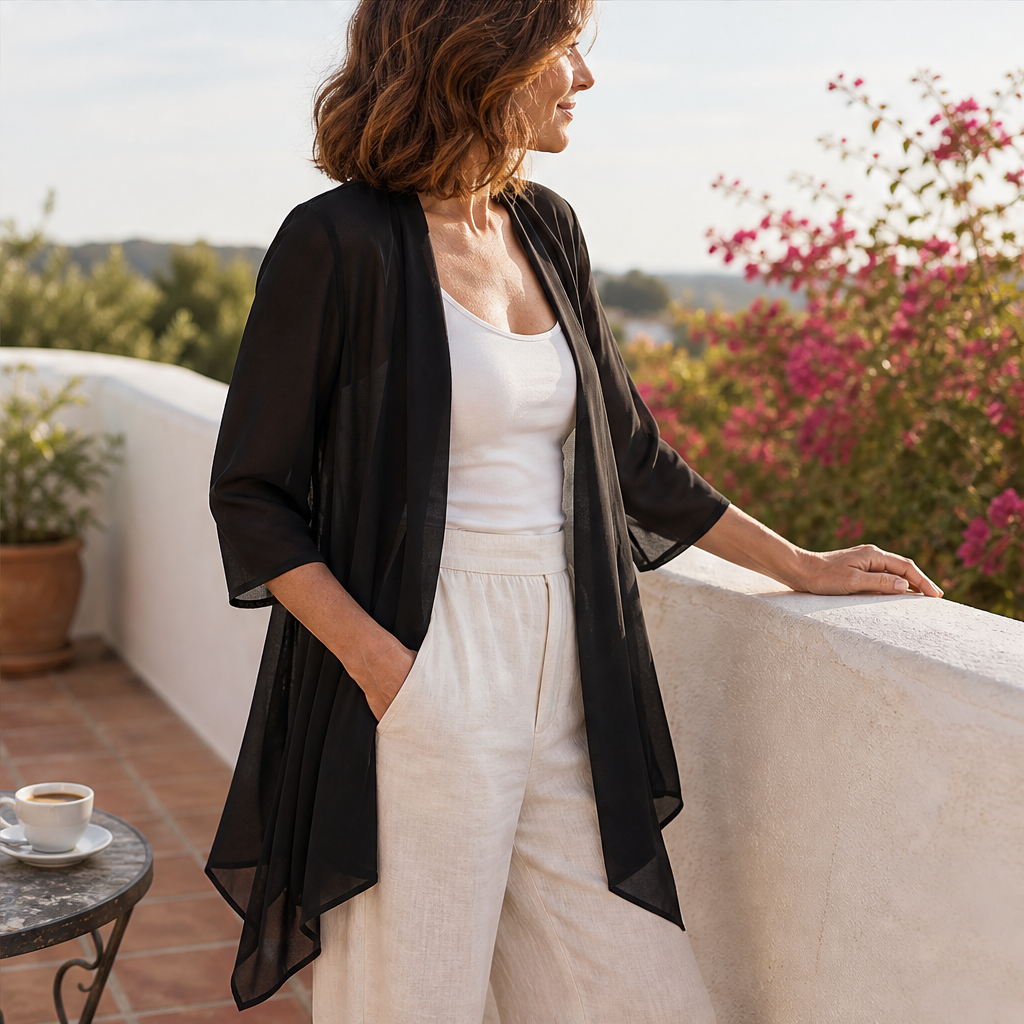 Black Chiffon Cardigan | Lightweight Open Front Cover-Up - Waterfall Drape for Women features