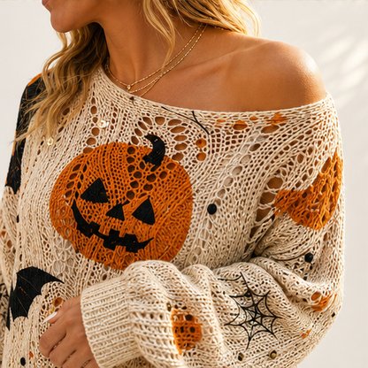 Black Pumpkin Print Sweater | Halloween Crochet Cutout Knit Top - Oversized Long Sleeve for Women detail