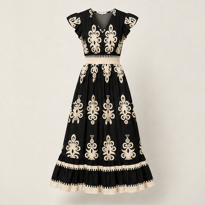 Black Baroque Print Maxi Dress | V-Neck Smocked Waist Summer Dress - Flutter Sleeve Boho Style Black