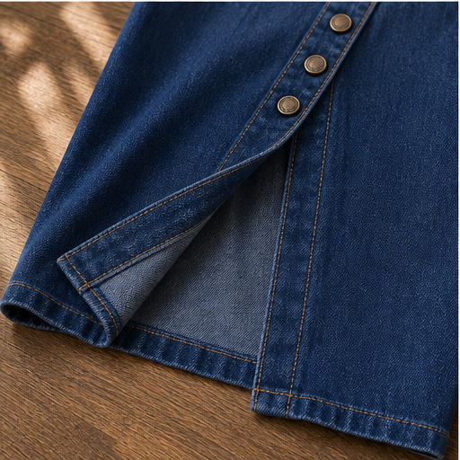 Denim Off-Shoulder Dress | Midi Length Casual Dress - Long Sleeve with Button Front Split detail