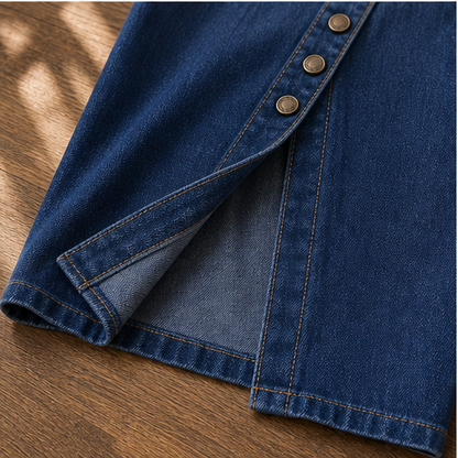 Denim Off-Shoulder Dress | Midi Length Casual Dress - Long Sleeve with Button Front Split detail