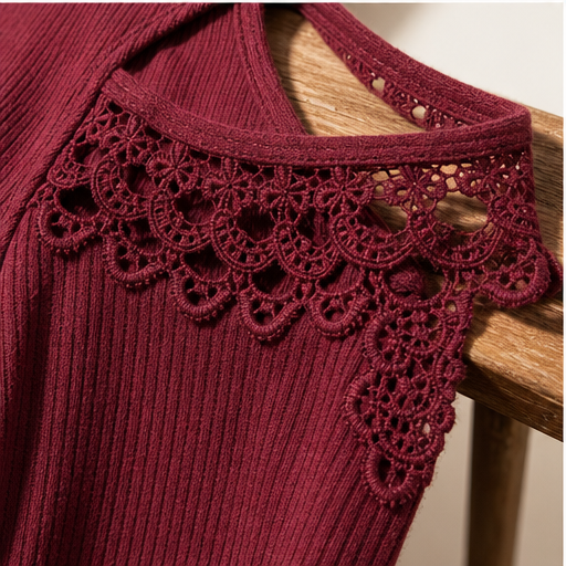 Burgundy Cold Shoulder Lace Top | Zip Front Blouse for Women - Ribbed Knit with Floral Lace Sleeves detail