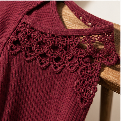 Burgundy Cold Shoulder Lace Top | Zip Front Blouse for Women - Ribbed Knit with Floral Lace Sleeves detail